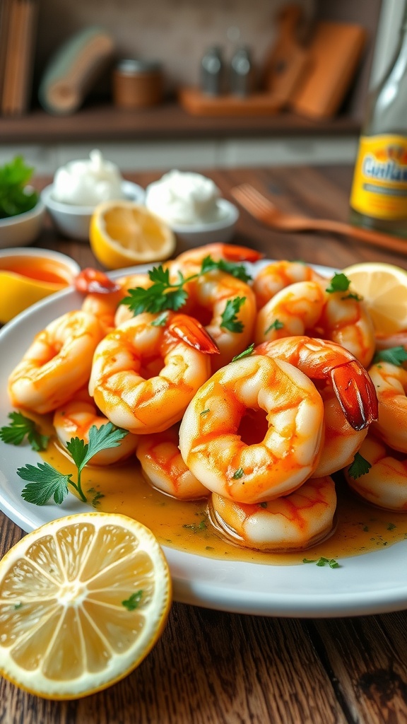 A plate of garlic butter shrimp garnished with parsley and lemon wedges, served on a wooden table.